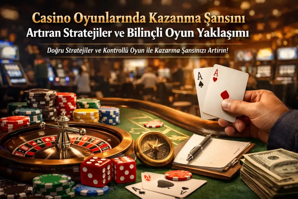 Modern bir casinoda rulet masası, poker fişleri ve iki as tutan bir elin yer aldığı, “Casino Oyunlarında Kazanma Şansını Artıran Stratejiler ve Bilinçli Oyun Yaklaşımı” başlıklı makaleyi temsil eden gerçekçi ve yatay görsel